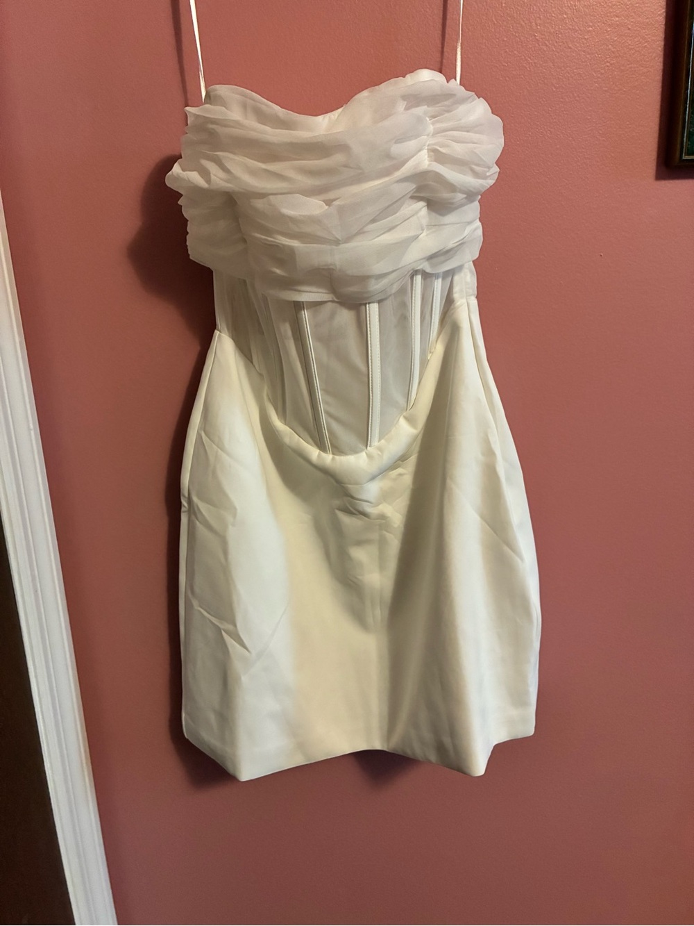 Meshki White Strapless Ruched Corset Mini Dress